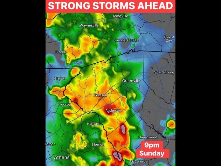 Strong Storms Ahead for Upstate South Carolina and Western North Carolina Sunday With Activity Escalating From Isolated Morning Showers to Heavy Evening Rain and Storms by 9 PM