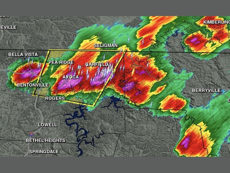 Strong Thunderstorm Packing Heavy Rain Intense Lightning and Possible Hail Strikes Benton and Carroll Counties in Northwest Arkansas Saturday Evening