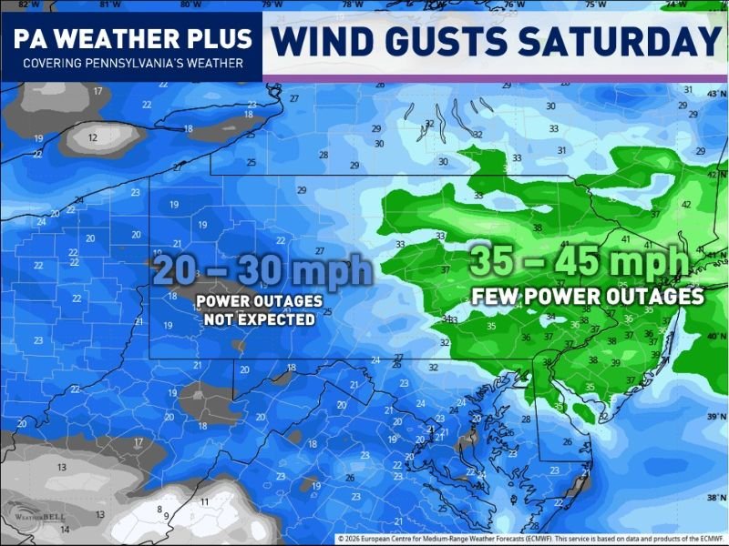 Strong Wind Gusts of 35 to 45 MPH Expected Across Eastern Pennsylvania Saturday Morning With Downed Trees and Isolated Power Outages Possible