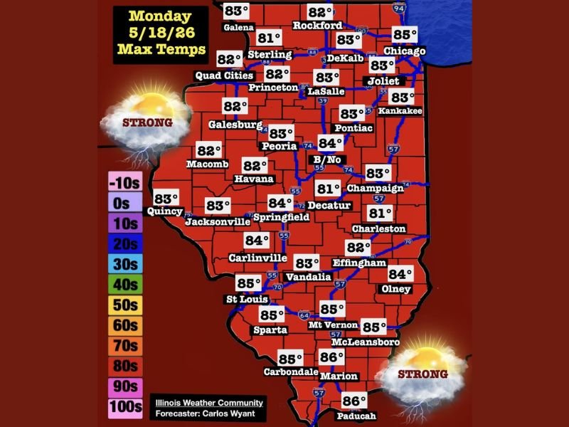 Strong to Locally Severe Morning Storms With 40 MPH Gusts Sweep Across Illinois Monday May 18 With Temps Reaching Mid 80s Statewide After Storms Clear