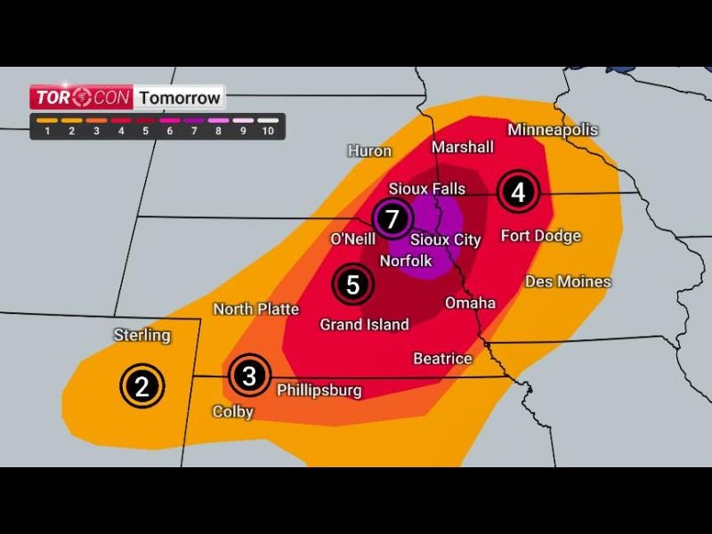 TORCON Raised to 7 Across Iowa South Dakota and Nebraska Sunday With Intense Long Lived Tornadoes Possible Late Afternoon Through Overnight as Monday Also Looks Dangerous