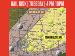 Tennis Ball Size Hail Threatens Oklahoma and Texas This Tuesday With Isolated Severe Storms Targeting Dallas, Fort Worth and Longview Between 4 PM and 10 PM