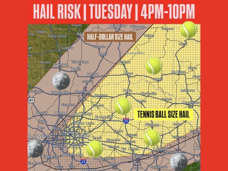 Tennis Ball Size Hail Threatens Oklahoma and Texas This Tuesday With Isolated Severe Storms Targeting Dallas, Fort Worth and Longview Between 4 PM and 10 PM