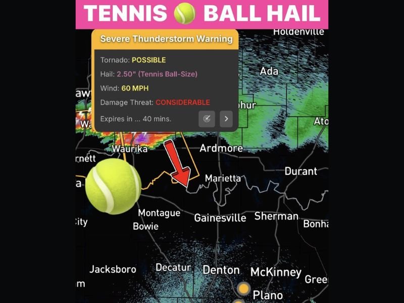 Tennis Ball Size Hail and 60 MPH Winds Crossing Red River Into North Texas as Severe Thunderstorm Warning Flags Considerable Damage Threat With Tornado Possible Until 2 AM