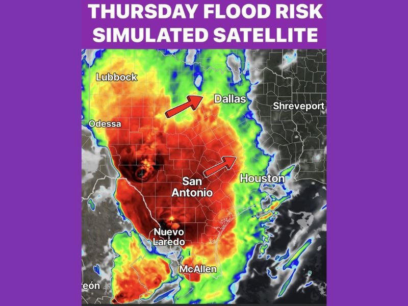 Thursday Flood Risk Targets Texas as Strong Disturbance Lifts Northeast From West Texas Through North Texas With 80 Percent Rain Coverage and 1.70 Inch Per Hour Rainfall Rates Possible