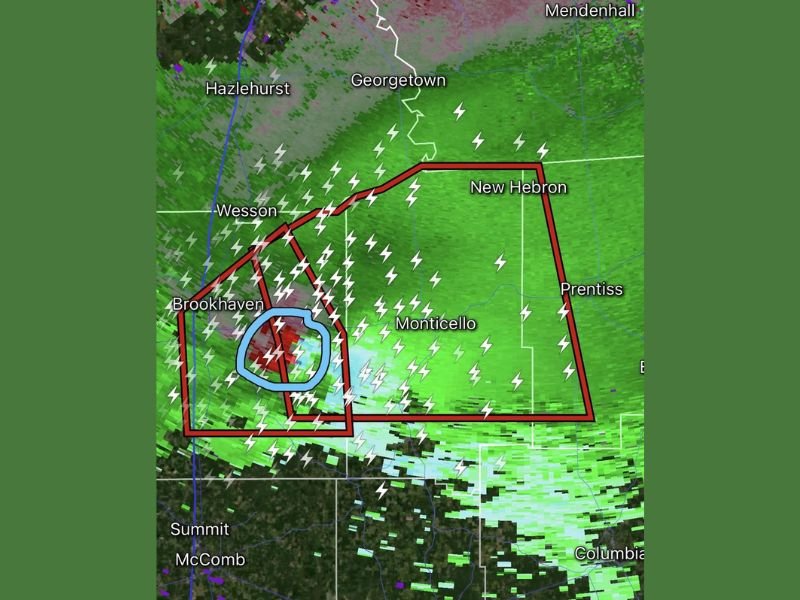 Tornado Emergency Declared for Monticello Mississippi as Extremely Dangerous Circulation Confirmed Near Brookhaven With Radar Showing Direct Strike Threat Across Lawrence and Lincoln Counties