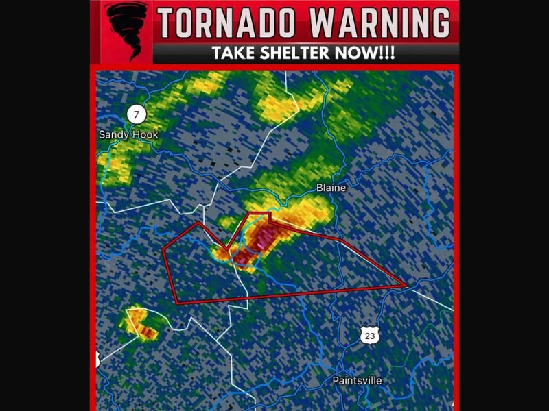 Tornado Warning Issued for Eastern Kentucky Near Blaine as Tornado Capable Severe Thunderstorm Moves East at 15 MPH Threatening Paintsville Area Communities
