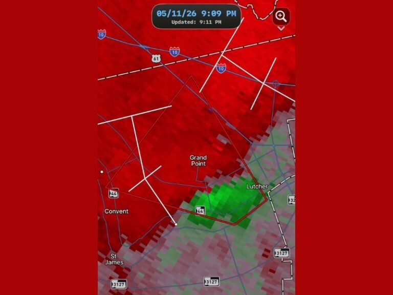 Tornado Warning Issued for Grand Point Louisiana With Confirmed Rotation Threatening Lutcher Convent and St. James as Dangerous Storm Targets the I-10 and Highway 61 Corridor