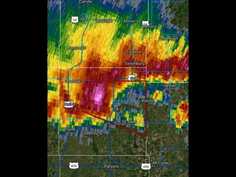 Tornado Warning Issued for Southeast Kansas Near Erie as Tornado Capable Thunderstorm Moves East at 20 MPH Threatening Chanute and St Paul Communities