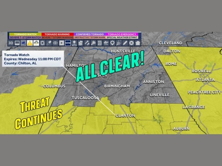 Tornado Watch Expires for Birmingham and North Alabama While Southern Counties Including Montgomery and Tuscaloosa Remain Under Watch Until 11 PM Wednesday