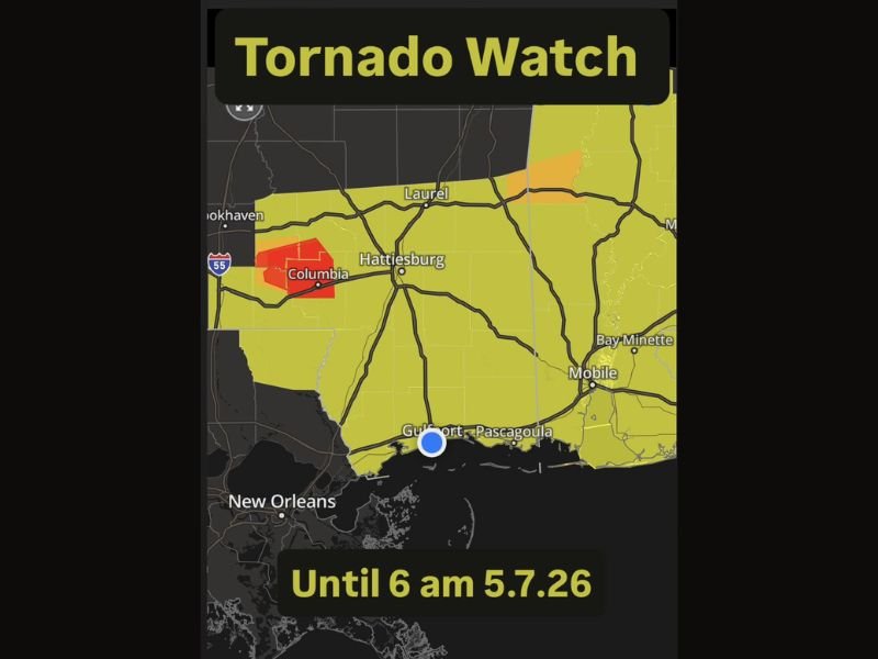 Tornado Watch Extended South to Cover All of South Mississippi Until 6 AM With Active Storm Cell Threatening Columbia, Hattiesburg and Gulf Coast Communities on May 7