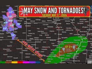 Tornadoes Large Hail and Damaging Winds Strike Texas, Oklahoma, Arkansas, Missouri, Mississippi, Tennessee, Kentucky, and Illinois While Colorado and Wyoming Face 10 to 24 Inch Snow Tuesday
