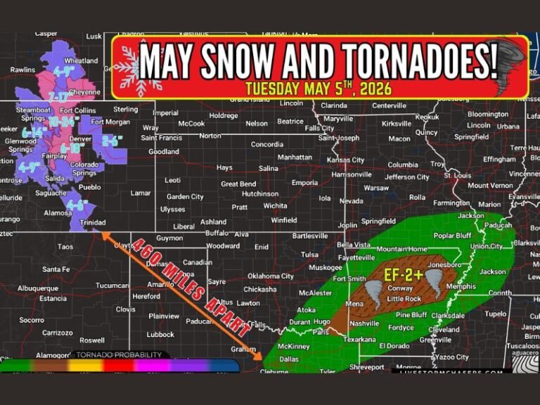 Tornadoes Large Hail and Damaging Winds Strike Texas, Oklahoma, Arkansas, Missouri, Mississippi, Tennessee, Kentucky, and Illinois While Colorado and Wyoming Face 10 to 24 Inch Snow Tuesday
