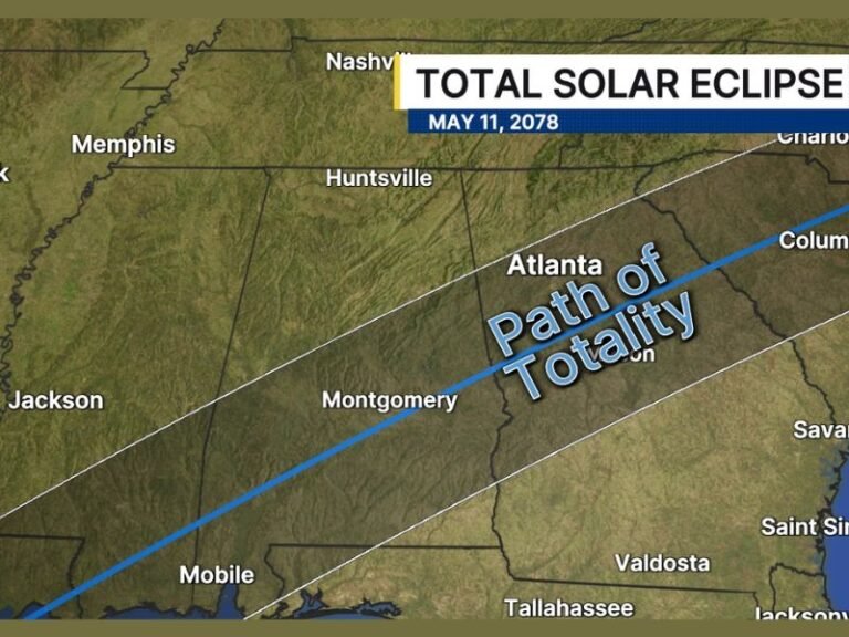 Total Solar Eclipse Path of Totality to Cross Directly Through Atlanta and Georgia on May 11 2078 With Columbia Charleston and Savannah Also Falling in the Totality Zone 52 Years From Now