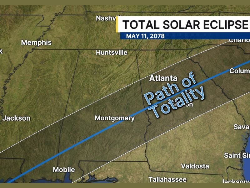Total Solar Eclipse Path of Totality to Cross Directly Through Atlanta and Georgia on May 11 2078 With Columbia Charleston and Savannah Also Falling in the Totality Zone 52 Years From Now
