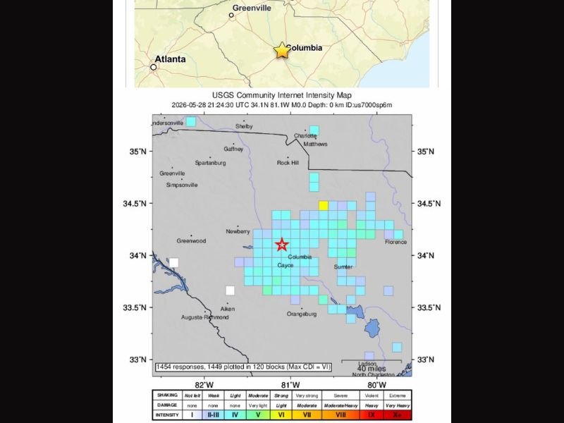 USGS Confirms Loud Boom Near Columbia South Carolina Was a Sonic Boom Felt Across 100 Miles With Meteor or Space Debris as Most Likely Source