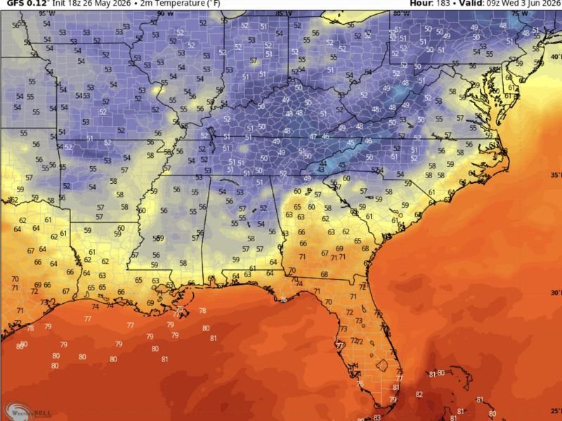 Unusually Cold June Temperatures in the Low 50s Forecast Across Parts of the South and Gulf Coast Late Next Week Shocking Early Summer Expectations