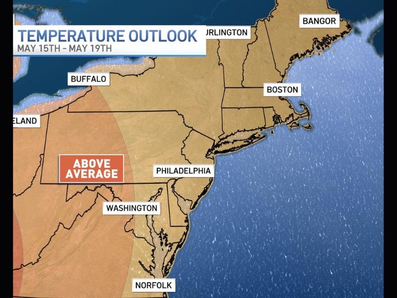 Warmup Bringing 70s and 80s to the Mid-Atlantic and Northeast by End of Next Week as Above Average Temperatures Build Across the Region From Cincinnati to Philadelphia During May 15 to 19