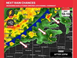 Weakening Rain Showers Gusty 30 MPH Winds and Rumbles of Thunder to Move Through Indiana and Ohio After 10 PM as Cold Front Tracks Through Overnight May 12 Into May 13