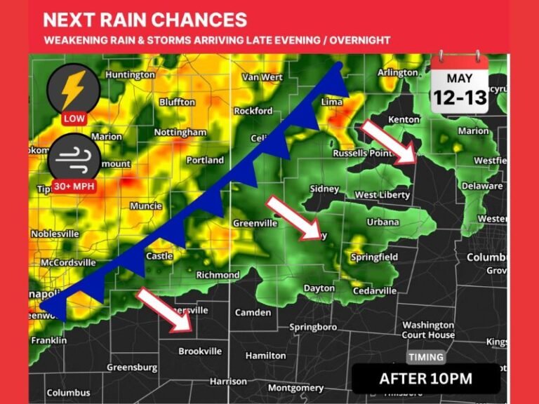 Weakening Rain Showers Gusty 30 MPH Winds and Rumbles of Thunder to Move Through Indiana and Ohio After 10 PM as Cold Front Tracks Through Overnight May 12 Into May 13