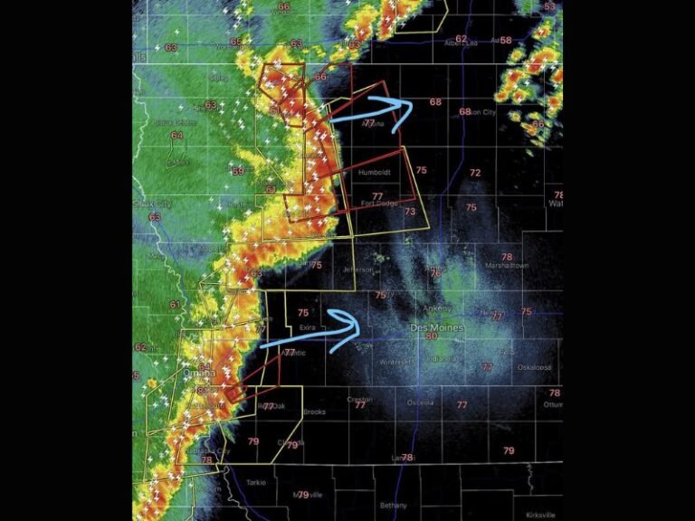 Weather Outbreak Unleashes 75 to 80 MPH Winds and Embedded Tornadoes Across Iowa Sunday Night With Central Iowa Including Des Moines and Fort Dodge Facing Imminent Danger