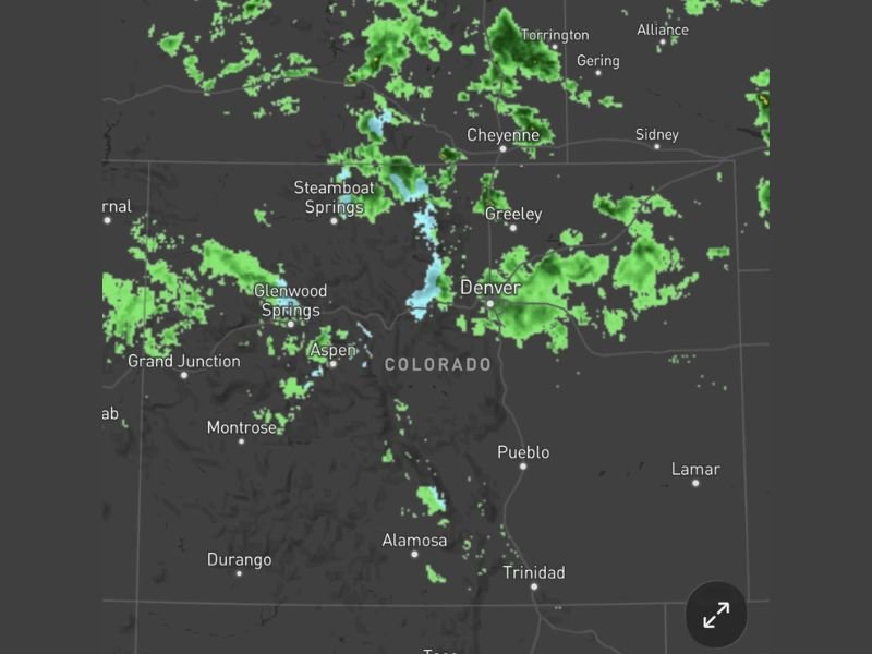 Widespread Rain Showers Confirmed Falling Across Colorado With Radar Showing Active Coverage From Denver and Greeley Through Steamboat Springs Aspen and Into Southern Wyoming Border