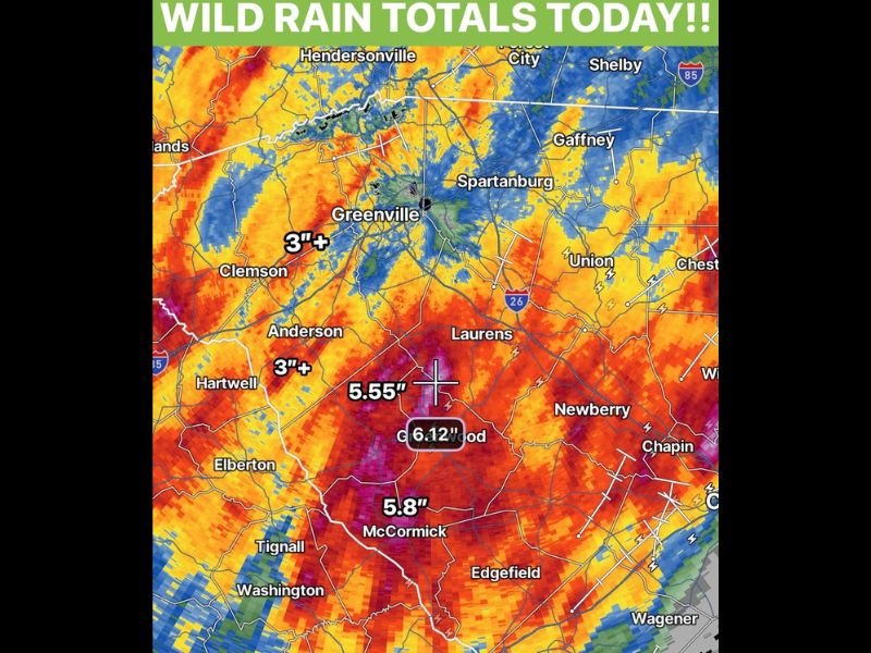 Wild Rain Totals Exceeding 6 Inches Drench Abbeville and Greenwood County South Carolina as Repeated Storms Streak 3 Plus Inch Pockets Across the Upstate Region