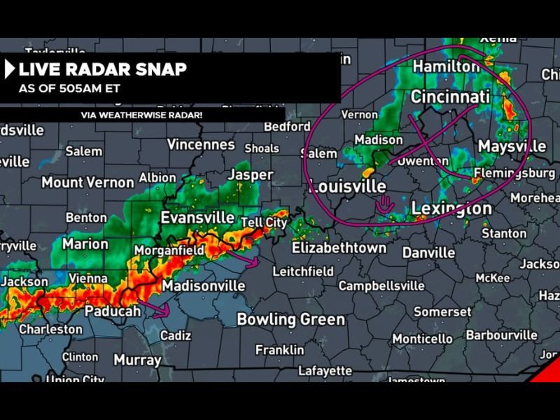 Broken Storm Line Arrives in Kentucky at 5AM With Isolated Damaging Wind Risk Tracking Through Paducah Evansville Madisonville and the Western Half of the State