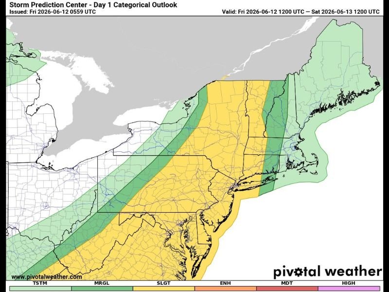 Colliding Fronts Triggering Unpredictable Thunderstorms Across New England Friday With a Slight Risk Zone Covering the Northeast Coastal Corridor