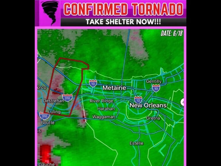 Confirmed Tornado Near St. Rose and Kenner Louisiana Moves Northeast at 20 MPH Threatening Destrehan Luling and New Orleans Metro Thursday