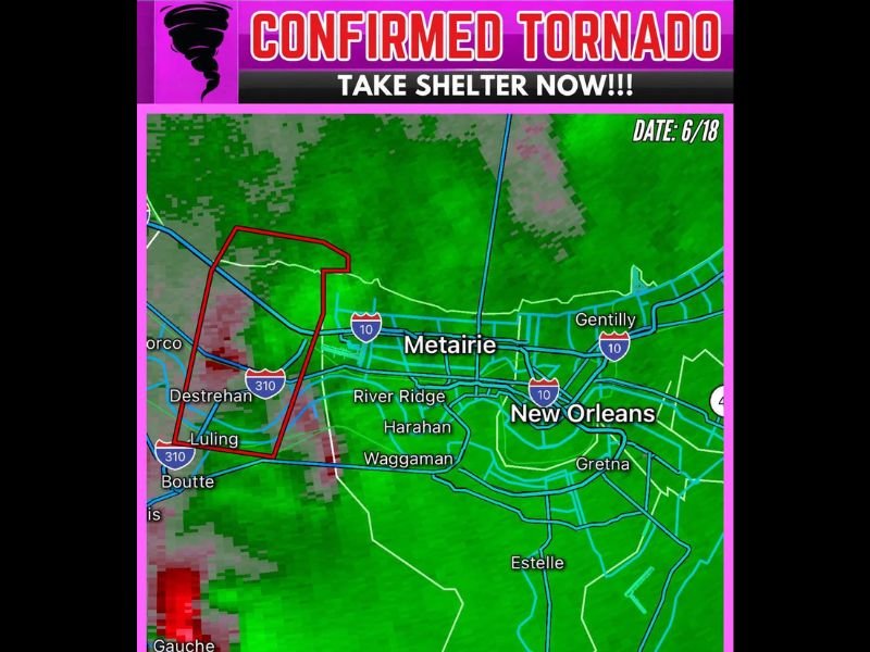 Confirmed Tornado Near St. Rose and Kenner Louisiana Moves Northeast at 20 MPH Threatening Destrehan Luling and New Orleans Metro Thursday