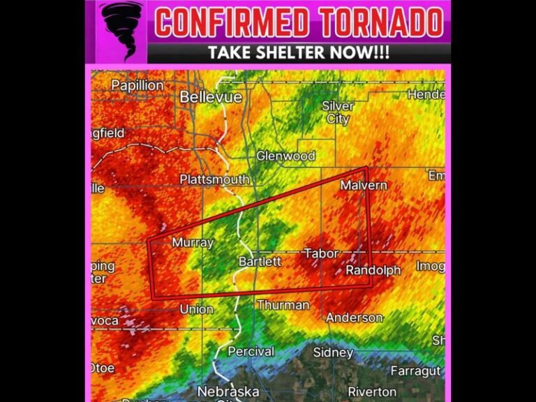 Confirmed Tornado Tracked Northeast of Nehawka Nebraska Moving East at 50 MPH With Warning Polygon Covering Murray Bartlett Tabor and the Nebraska Iowa Border Region