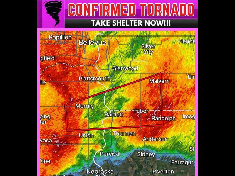 Confirmed Tornado Tracked Northeast of Nehawka Nebraska Moving East at 50 MPH With Warning Polygon Covering Murray Bartlett Tabor and the Nebraska Iowa Border Region