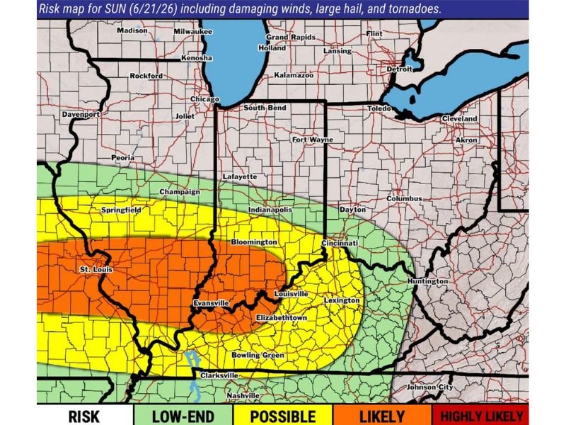 Damaging Winds Large Hail and Tornadoes All Possible Sunday Evening From St Louis to Louisville as Severe Storm Risk Shifts Southward