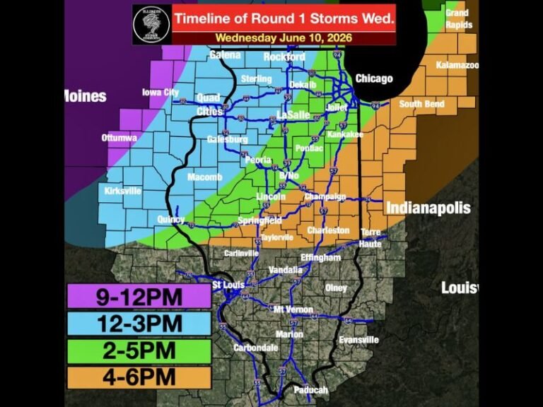 Damaging Winds Up to 75 MPH Racing Across Illinois Wednesday With Round 1 Storms Sweeping Chicago Springfield and Peoria Between 9AM and 6PM