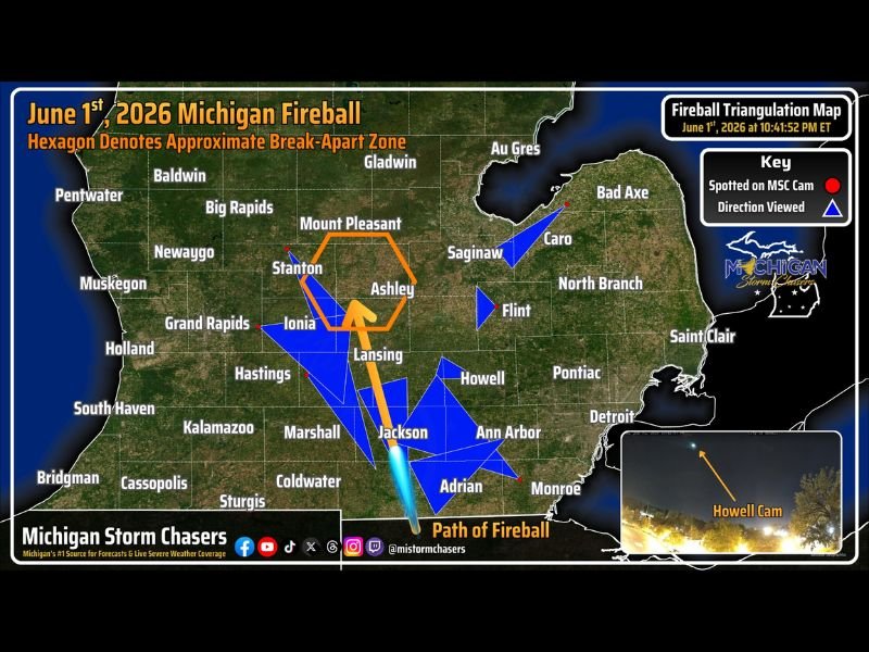 Fireball Blazes Across Southern Michigan on June 1 2026 With Meteorite Debris Possibly Falling in Isabella Clare and Missaukee Counties Near Lansing