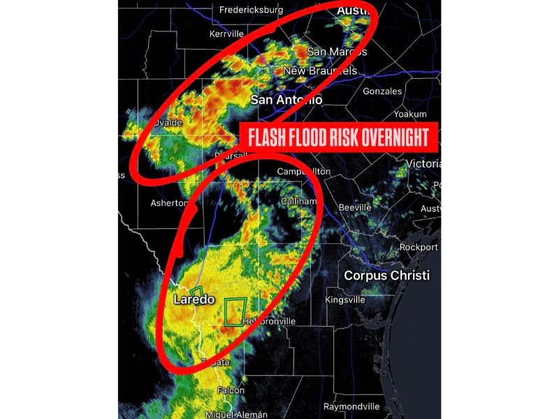 Flash Flood Risk Develops Overnight Across San Antonio and Laredo as Storms Intensify Through Central and South Texas Early Saturday Morning Hours
