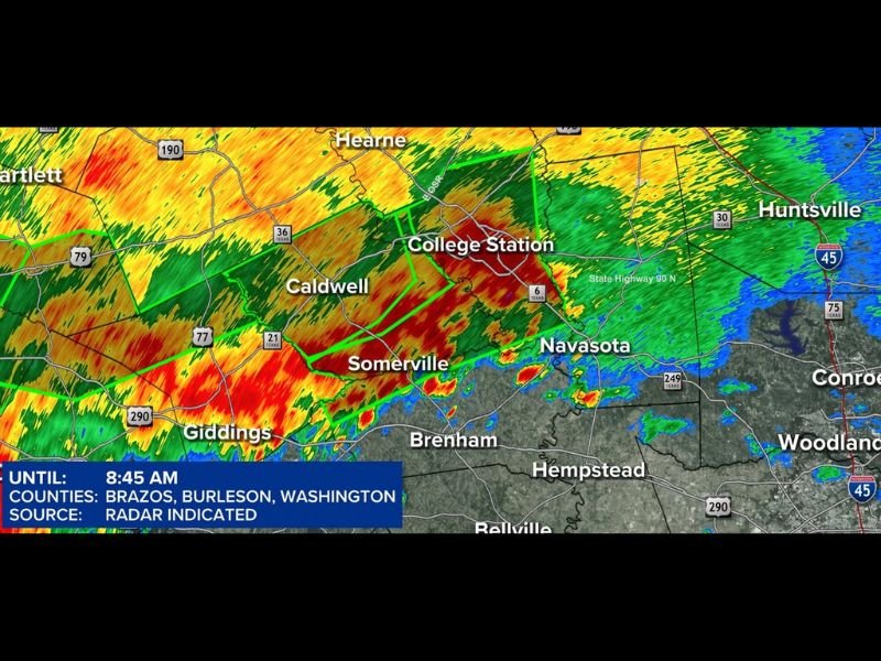 Flash Flood Warning Issued for Brazos Burleson and Washington Counties Until 8 45 AM as Heavy Rain Hits College Station