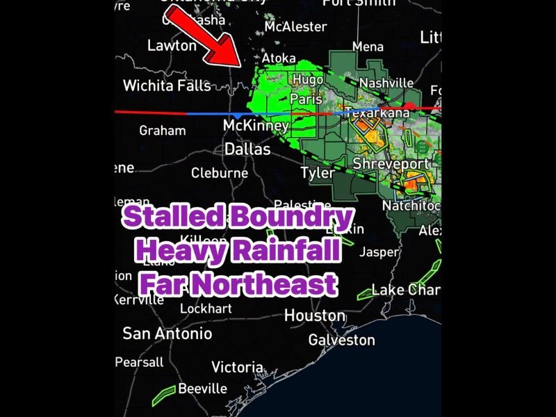 Flood Warnings Issued for Paris and Clarksville Texas as Training Rains Along Stalled Red River Boundary Drop 2 to 4 More Inches With Triple Digit Heat Approaching