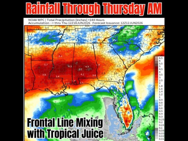 Heavy Rainfall Totals Up to 5 Inches Threatening Mississippi Alabama and Louisiana Through Thursday as Frontal Line Mixes With Tropical Moisture Bringing Isolated Flooding Risk