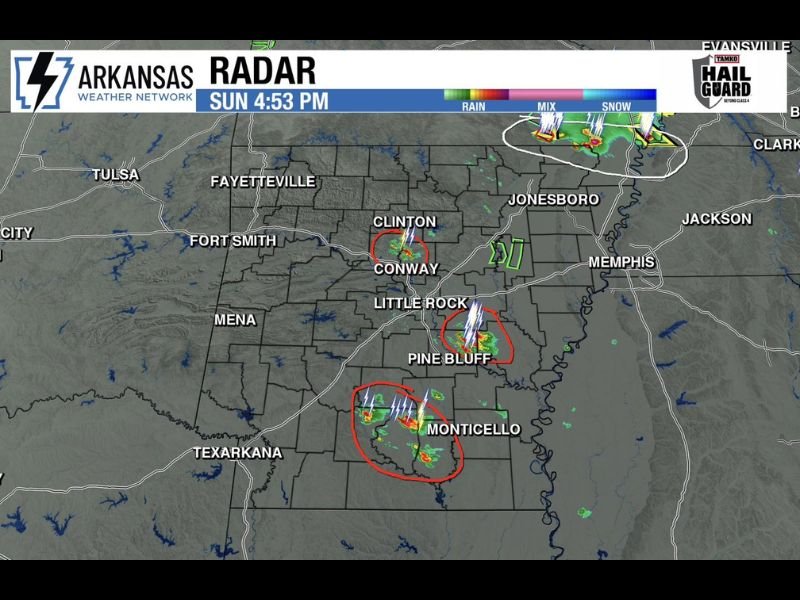 Isolated Severe Capable Storms Developing Across Arkansas With Strong Winds and Hail Possible Near Conway Pine Bluff and Monticello Sunday Afternoon
