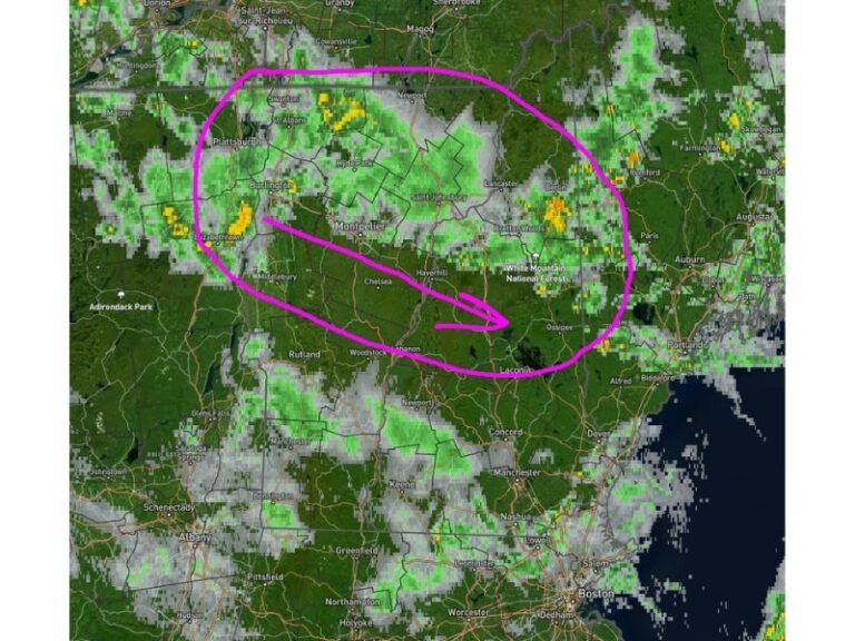 Isolated Strong Thunderstorms Producing Half Inch Hail Heavy Enough to Shovel Strike Vermont and New Hampshire Across the Burlington to White Mountains Corridor