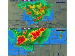 Large Mesoscale Convective System Centered Over Kansas Early Sunday With History of 70 MPH Wind Gusts as Storm Tracks East at 45 MPH