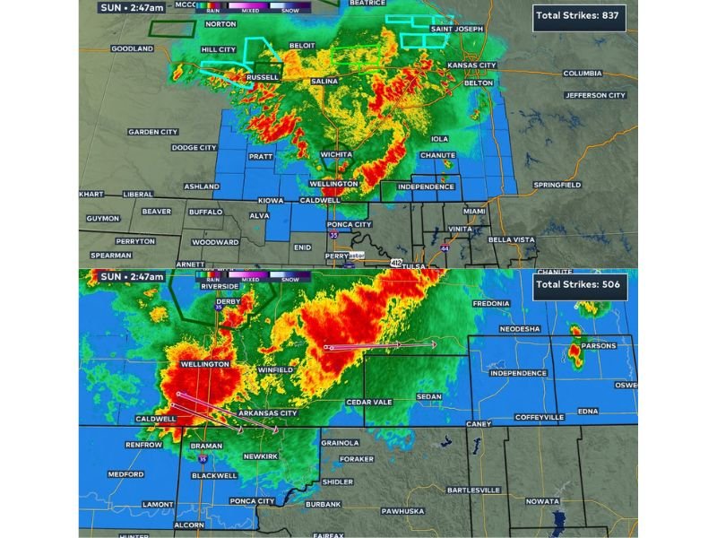 Large Mesoscale Convective System Centered Over Kansas Early Sunday With History of 70 MPH Wind Gusts as Storm Tracks East at 45 MPH