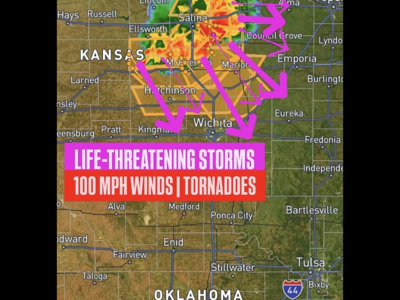 Life Threatening Storms With 100 MPH Winds and Embedded Tornadoes Tearing Southeast Across Kansas Approaching Wichita Hutchinson and Salina at 9:50 PM CDT