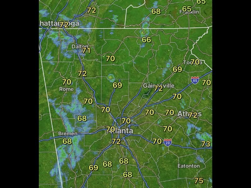 Muggy Start With Heavier Rain Moving Into North Georgia Monday as Scattered Light Rain Blankets Atlanta Gainesville and Rome With Temperatures Holding in the Low 70s