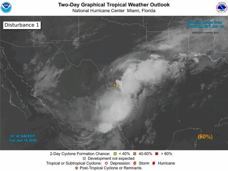 NHC Tracking Gulf Disturbance With 60 Percent Formation Chance as Flash Flooding Threatens South Texas Tuesday With Houston Under Close Watch
