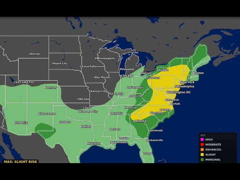 Over 100 Million People Face Severe Weather Sunday From the Southern Appalachians to New England With Gusty Storms and Isolated Tornadoes Possible