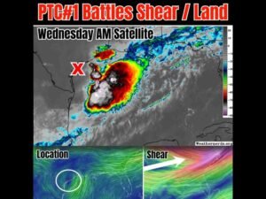 PTC Number One Battles Wind Shear in the Gulf Wednesday as Heavy Rain and Storms Still Target the Upper Gulf Coast on Arrival
