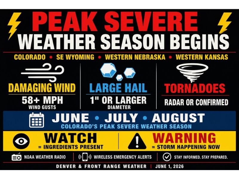 Peak Severe Weather Season Begins June 1 Across Colorado Wyoming Nebraska and Kansas With Damaging Winds Large Hail and Tornadoes as Primary Threats Through August